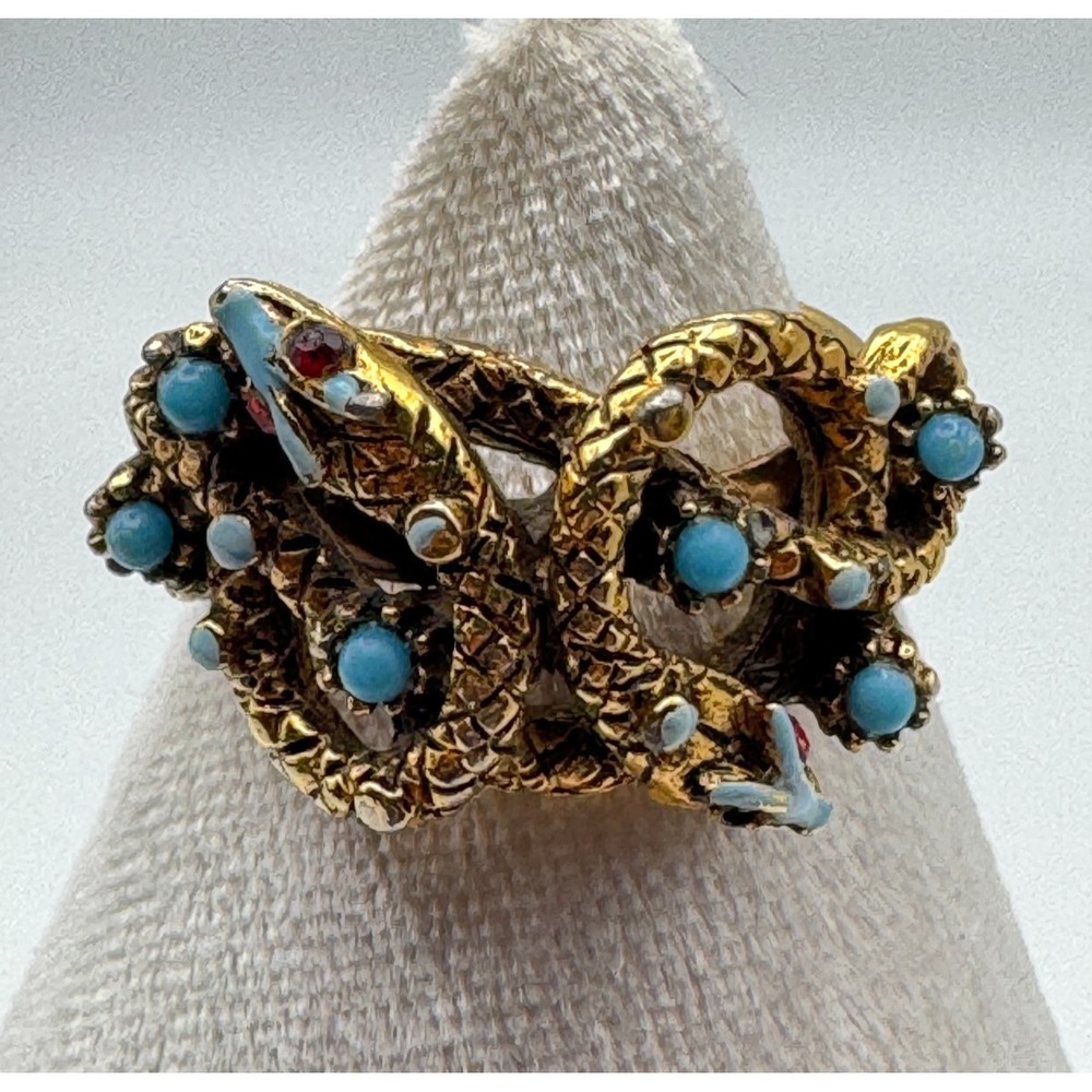 Vintage ART Snake Ring Gold Tone Double Headed Blue Enamel Bypass Serpent READ